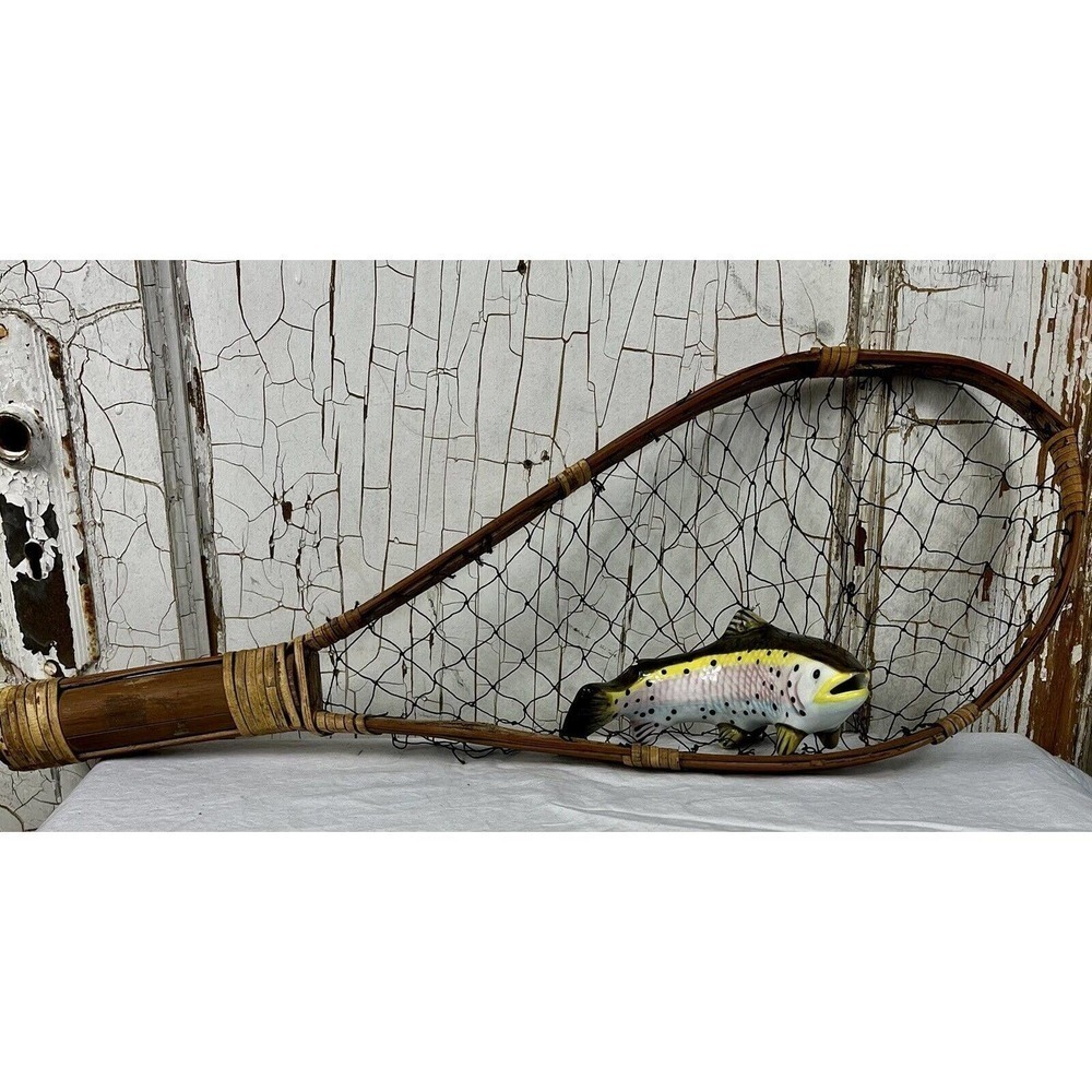 Vtg Nautical Decor Porcelain Fish On Fishing Net Trout Wall Hang Hand Paint 20"